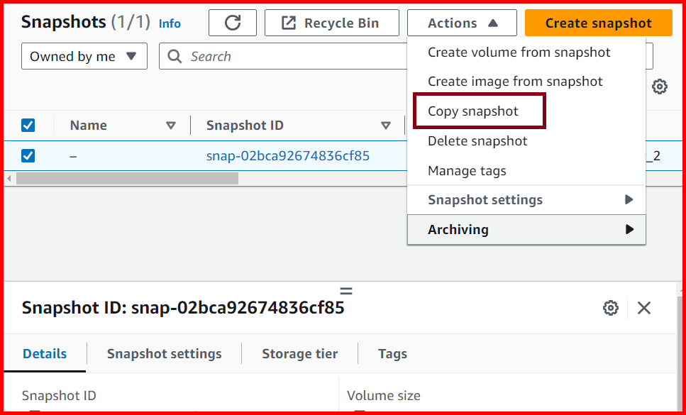 Picture showing the Copy snapshot option for copying the snapshot